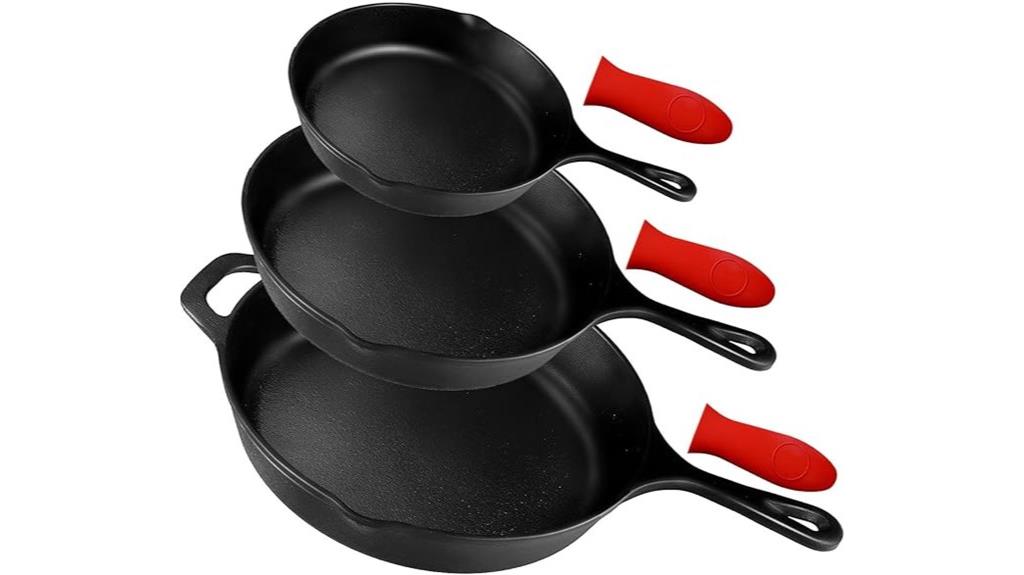 three pre seasoned cast iron skillets